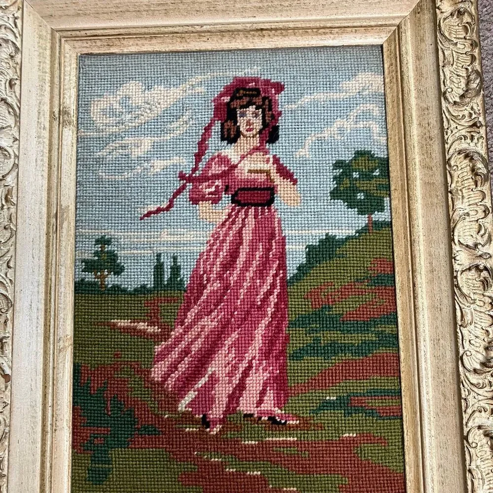 Blue Boy & Pinky Lady Completed Cross Stitch Needlepoint Wooden Frames Vintage